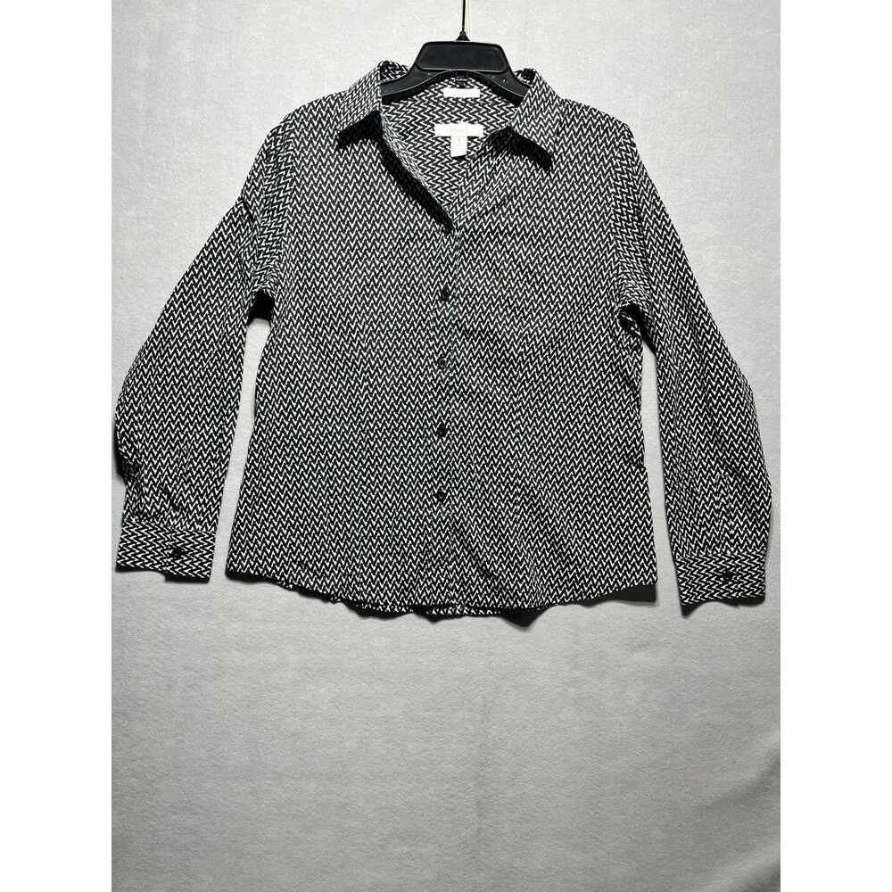 Chico’s Size 1 Black White Geometric Cotton Long Sleeve Button Shirt